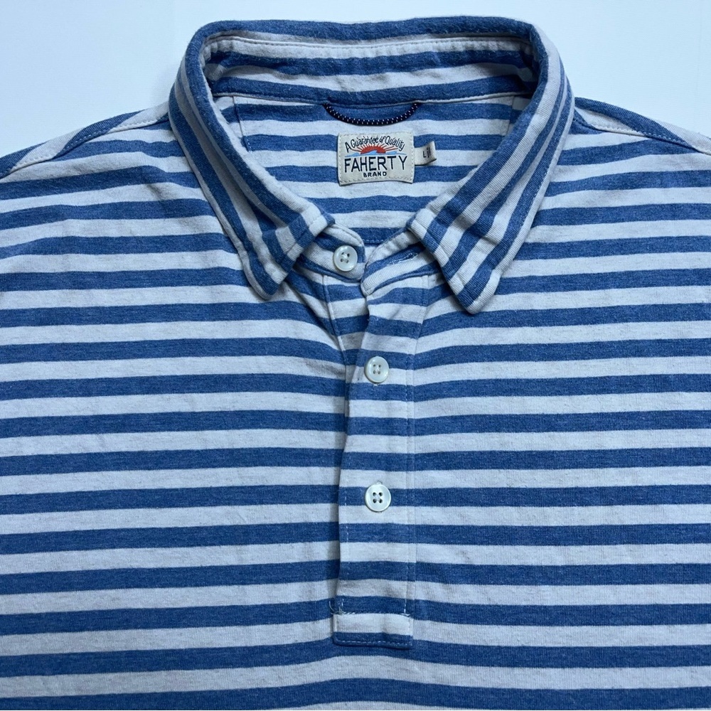 Faherty Polo Shirt Mens Size Large Short Sleeve Blue Striped Golf Preppy
